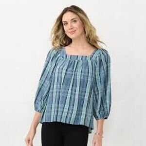 Lauren Conrad Women’s Square‎ Neck Plaid 3/4 Sleeve Pullover Top Size PS Blue